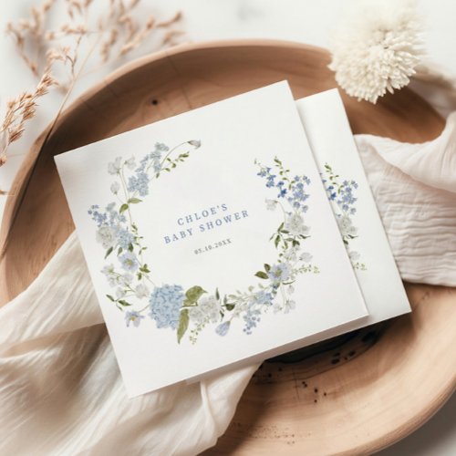 Delicate Blue Floral Wreath Baby Shower Invitation Napkins
