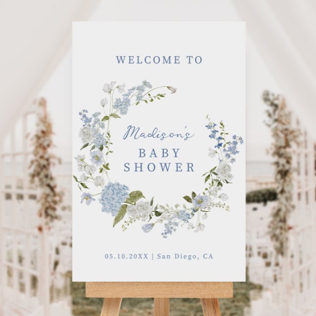 Delicate Blue Floral Wreath Baby Shower Welcome Foam Board (Creator Uploaded)