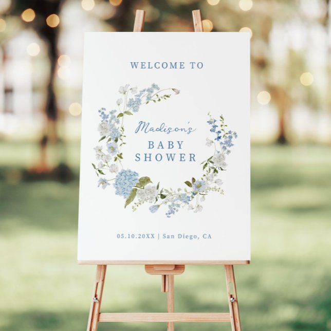 Delicate Blue Floral Wreath Baby Shower Welcome Foam Board (Creator Uploaded)
