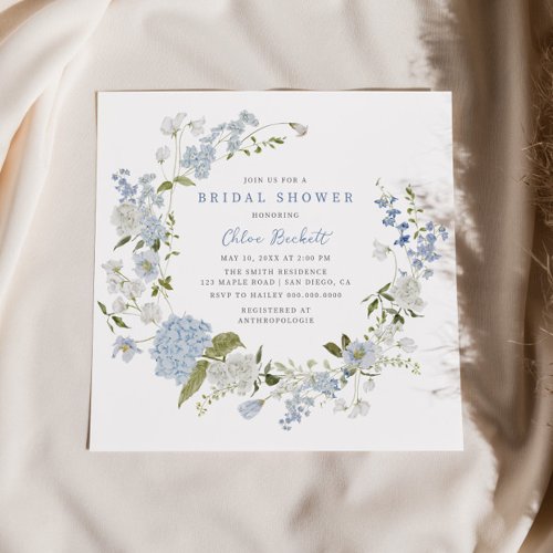 Delicate Blue Floral Wreath Bridal Shower Invitation