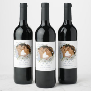Delicate Blue Floral Wreath Wedding Wine Label