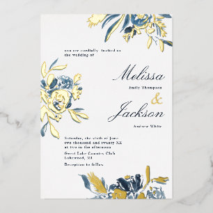 Delicate Blue Flower and Gold Bloom Wedding Design Foil Invitation