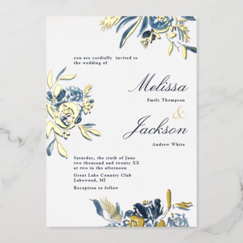 Delicate Blue Flower and Gold Bloom Wedding Design Foil Invitation
