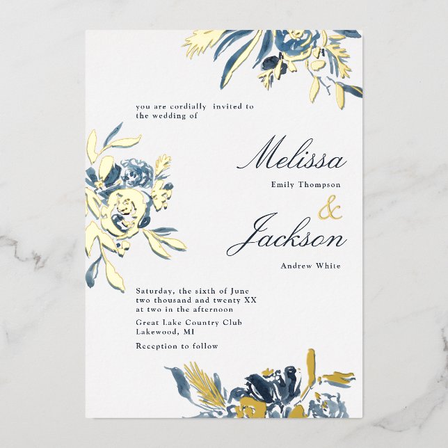 Delicate Blue Flower and Gold Bloom Wedding Design Foil Invitation (Front)