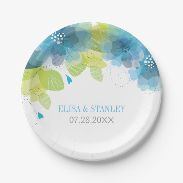Delicate blue flowers floral spring wedding paper plates (Front)