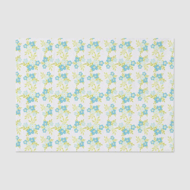 Delicate Blue Flowers Green Leaves on White Tissue Paper (Front)
