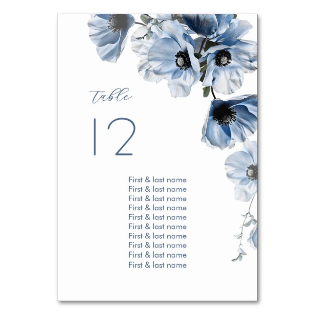 Delicate Blue Flowers Wedding Table Number (Front)
