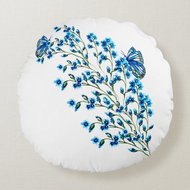 Delicate blue flowers with butterfly round pillow (Front)
