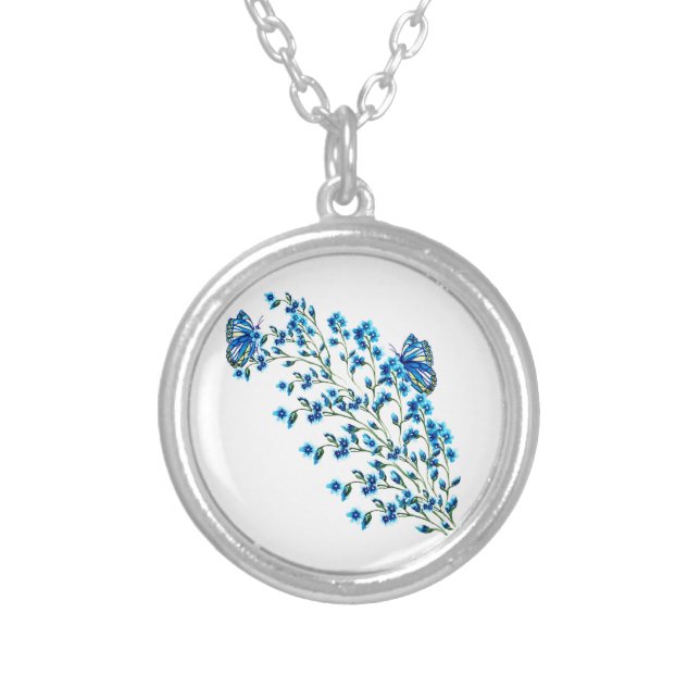 Delicate blue flowers with butterfly silver plated necklace (Front)
