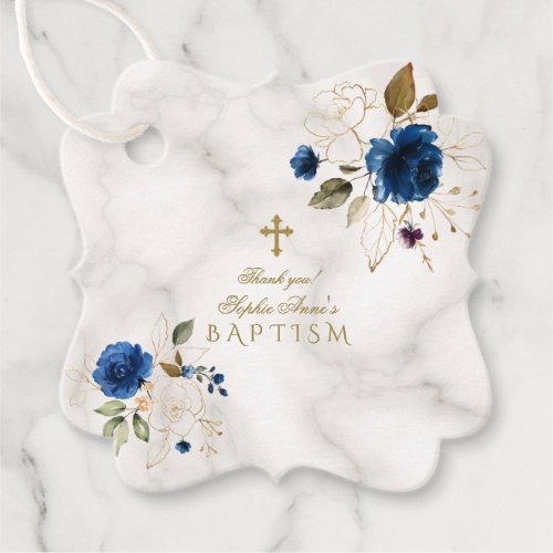 Delicate Blue Gold Flowers Gold Cross Baptism Favor Tags