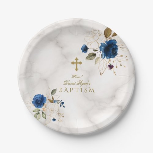 Delicate Blue Gold Flowers Gold Cross Baptism Paper Plates