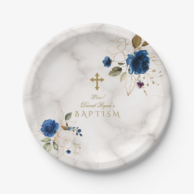 Delicate Blue Gold Flowers Gold Cross Baptism Paper Plates (Front)