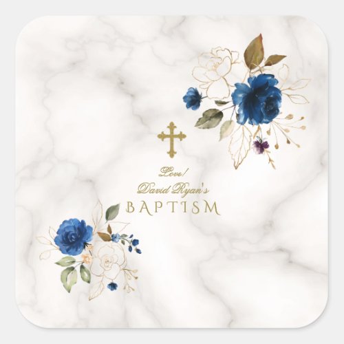 Delicate Blue Gold Flowers Gold Cross Baptism Square Sticker