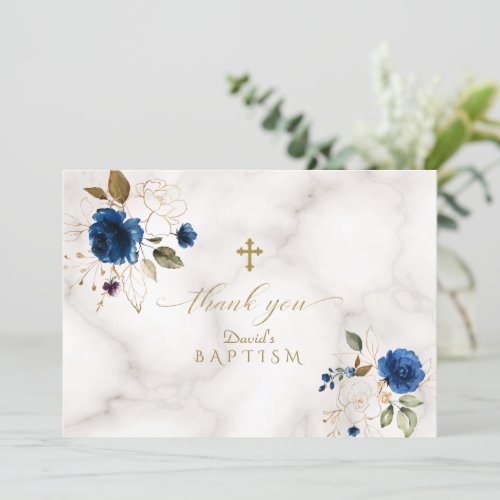 Delicate Blue Gold Flowers Gold Cross Baptism Thank You Card