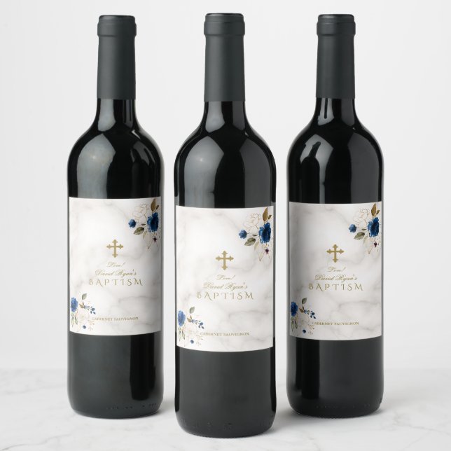 Delicate Blue Gold Flowers Gold Cross Baptism Wine Label (Bottles)