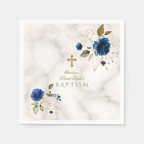 Delicate Blue Gold Flowers Gold Cross Boy Baptism Napkins