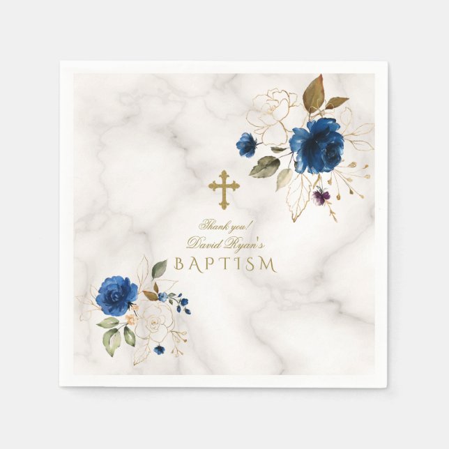 Delicate Blue Gold Flowers Gold Cross Boy Baptism Napkins (Front)