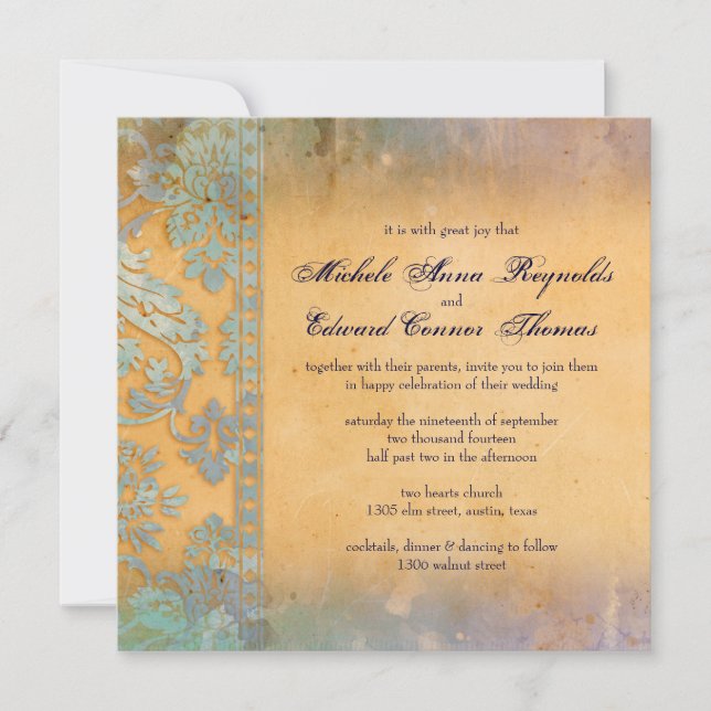 Delicate Blue Grunge Damask Lace Wedding Invitation (Front)