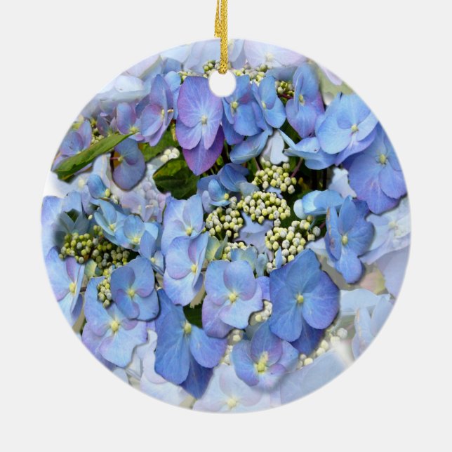 Delicate Blue Lacecap Hydrangea Ceramic Tree Decor Ceramic Ornament (Back)