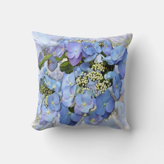 Delicate Blue Lacecap Hydrangea Throw Pillow (Front)