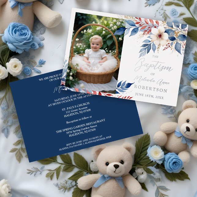 Delicate Blue & Red Shades Floral Botanical Posies Foil Invitation (Delicate Blue & Red Shades Floral Botanical Bouquets Photo Baptism Silver Metallic Foil Invitation.)