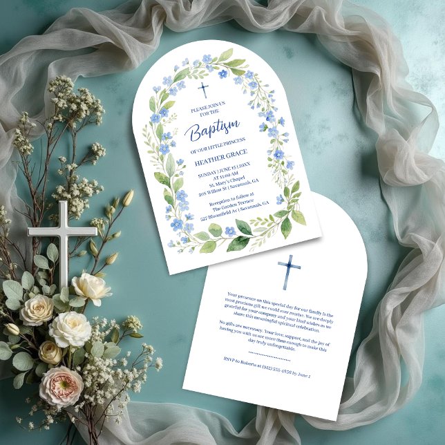 Delicate Blue Shades Floral Frame Arch Baptisme Invitation (Delicate Digital Watercolor Blue Shades Floral Frame Arch Shape Baptism Invitation Cards. )