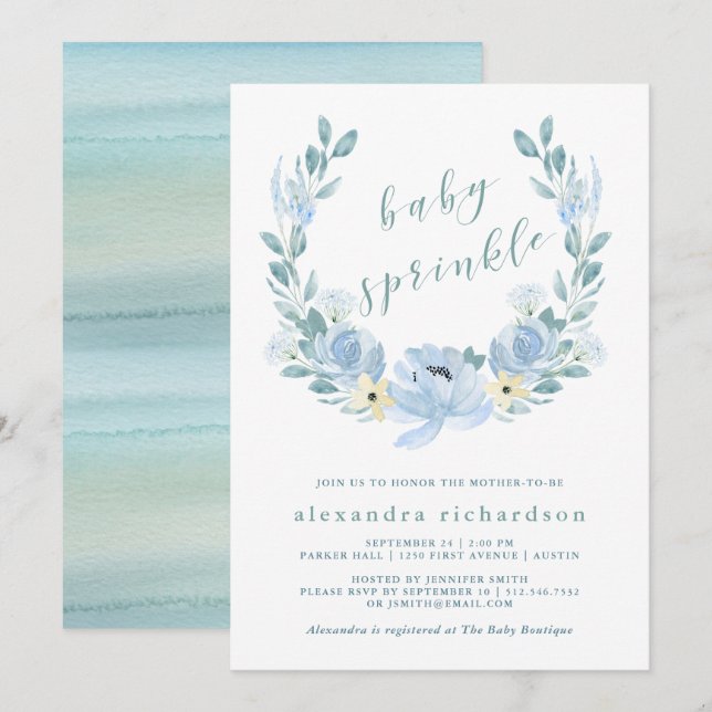 Delicate Blue | Watercolor Floral Baby Sprinkle Invitation (Front/Back)