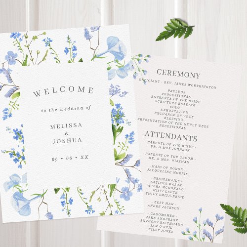 Delicate Blue Watercolor Floral Wedding Flat Program