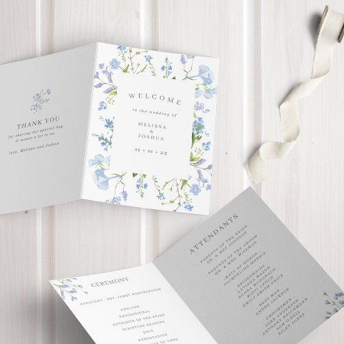 Delicate Blue Watercolor Floral Wedding Folded Program