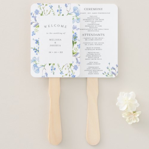 Delicate Blue Watercolor Floral Wedding Program Hand Fan