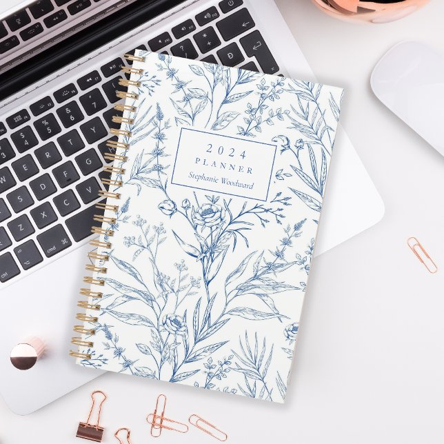 Delicate Blue White Floral Pattern Monogram 2024 Planner (Creator Uploaded)
