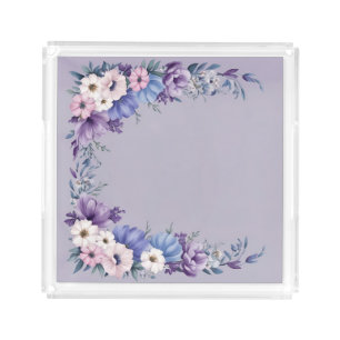 Delicate Blue, White, Pink & Purple Summer Blooms Acrylic Tray