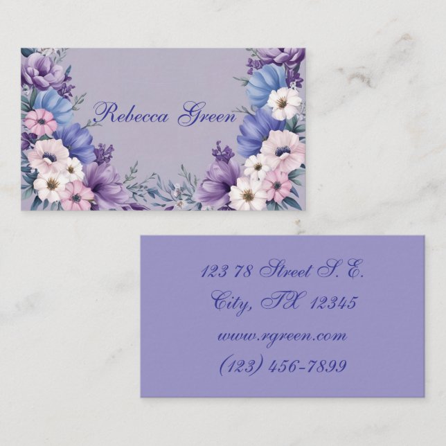 Delicate Blue, White, Pink & Purple Summer Blooms Business Card (Front/Back)