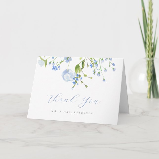 Delicate Blue Wild Flowers Script Wedding Folded T Letterpress Thank You Card (Front)