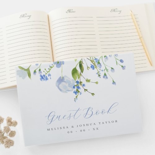 Delicate Blue Wild Flowers Script Wedding Guest Book
