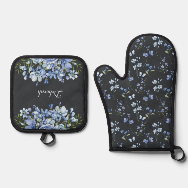 Delicate Blue Wildflowers  Oven Mitt & Pot Holder Set (Front)