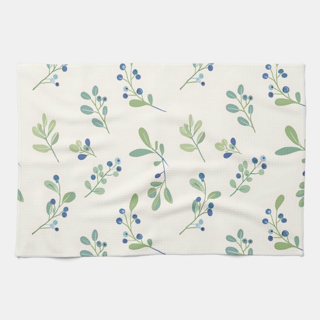 Delicate Blueberry Eucalyptus Pattern Kitchen Towel (Horizontal)