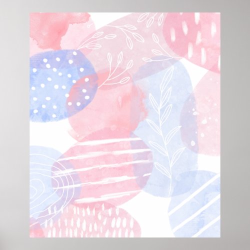 Delicate Blush and Blue Abstract Watercolor Shapes Poster