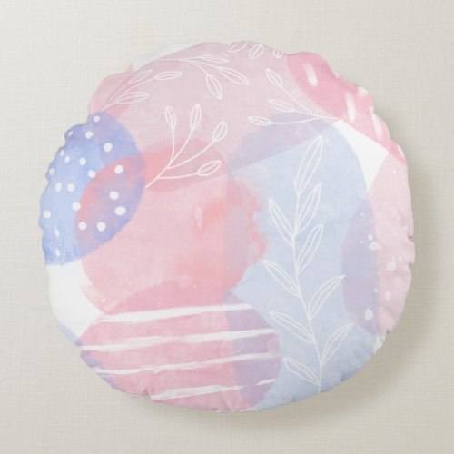 Delicate Blush and Blue Abstract Watercolor Shapes Round Pillow