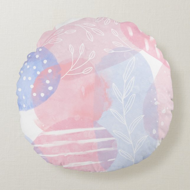 Delicate Blush and Blue Abstract Watercolor Shapes Round Pillow (Front)