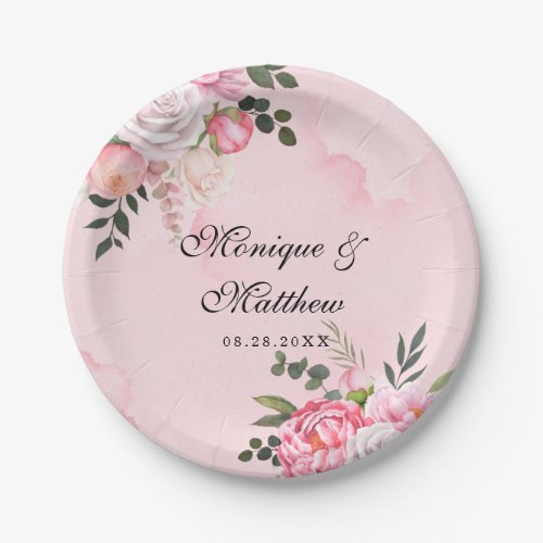 Delicate Blush And White Watercolor Floral Wedding Paper Plates