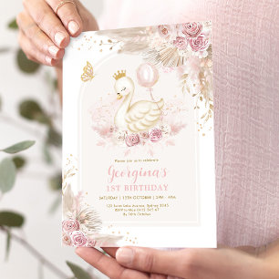 Delicate Blush Boho Swan Princess Girl Birthday Invitation