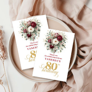 Delicate Blush Burgundy 80th Birthday Thank You  Card