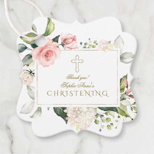 Delicate Blush Cream Floral Gold Cross Christening Favor Tags