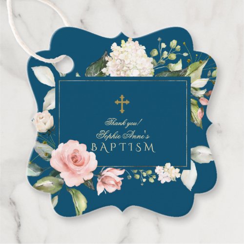 Delicate Blush Cream Flowers Cross Blue Baptism Favor Tags