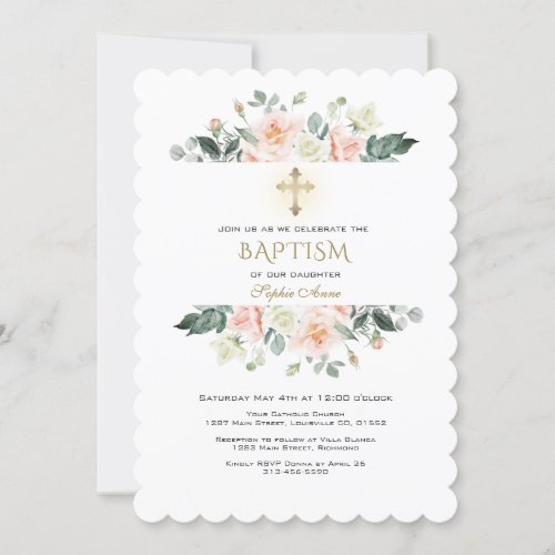 Delicate Blush Cream Flowers Frame Gold Baptism Invitation