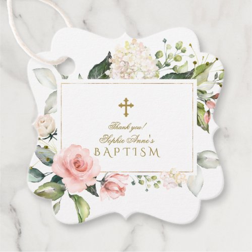 Delicate Blush Cream Flowers Gold Cross Baptism Favor Tags