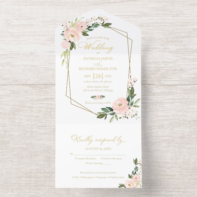 Delicate Blush  Floral Geometric Wedding  All In One Invitation (Inside)