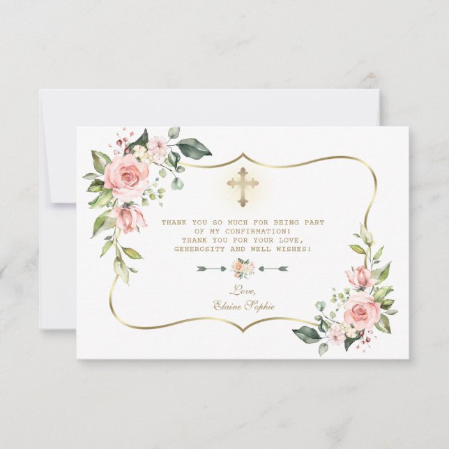 Delicate Blush Floral Gold Cross Girl Confirmation Thank You Card (Front)