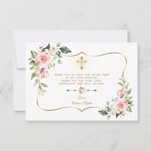 Delicate Blush Floral Gold Cross Girl Confirmation Thank You Card